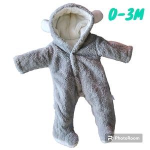 Baby Fleece Baby 0-3M Bear Grey Footed Hooded Snowsuit Winter Bunting Sherpa